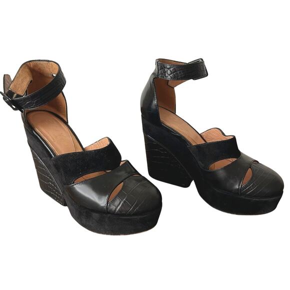 Y2K Robert Clergerie Black Suede & Croc Embossed Wedge Sandals – Size 6.5 France - Picture 1 of 8